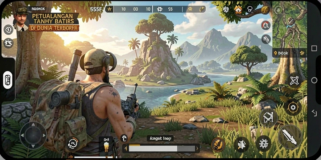 Screenshot gameplay 555F yang menampilkan dunia terbuka yang menakjubkan