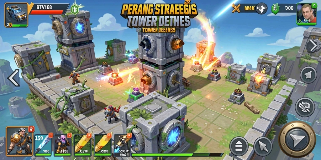 Gameplay BTV168 dengan berbagai menara dan strategi pertahanan.