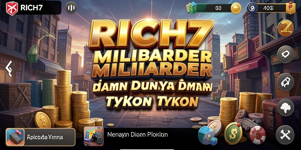 Tangkapan layar utama RICH7 menampilkan momen seru dalam membangun kerajaan bisnis.