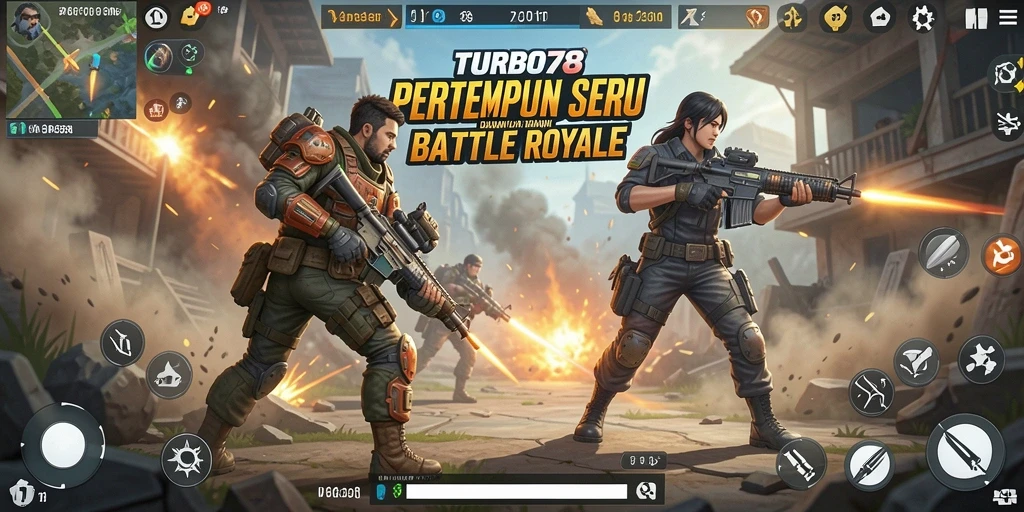 Screenshot utama TURBO78 menampilkan pertempuran seru dalam game Battle Royale.