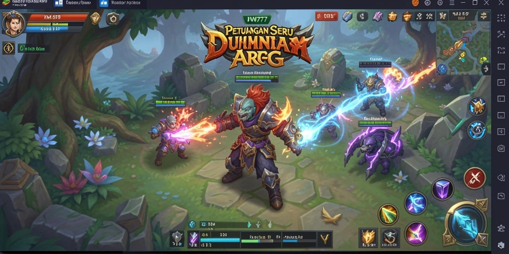 Tangkapan layar game ARPG menunjukkan pertarungan seru dan dunia fantasi yang menakjubkan.